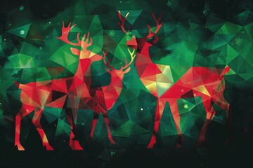 Wall Mural - Abstract Christmas background with red and green geometric reindeer shapes