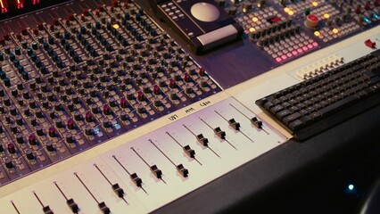 Fototapete - Empty professional studio with control desk mixer and pre amp knobs, music recording and editing with audio software. Control room buttons and sliders in post production, soundproof space.