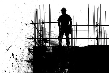 Wall Mural - A silhouette of a construction worker standing on scaffolding