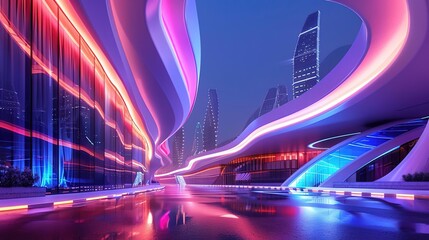 Wall Mural - Futuristic Cityscape with Neon Lights 3D Illustration