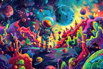 Wall Mural - astronaut standing on alien surface with planetary landscape in the background