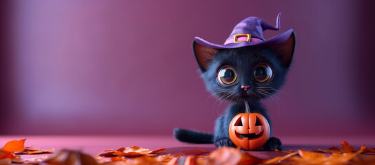 Wall Mural - 3d render of cute cartoon halloween black cat with jack-o'-lantern, leaves and witch hat isolated on purple background banner mockup, copy space.