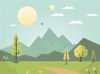 Flat Design Illustration of a Green Landscape with Mountains and Trees