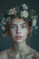 Wall Mural - young lady with a floral wreath on her head Generative AI