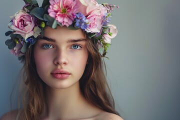 Wall Mural - young lady with a floral wreath on her head Generative AI