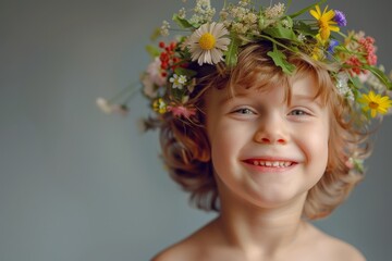 Wall Mural -  smiling child with a wreath of flowers on his head Generative AI