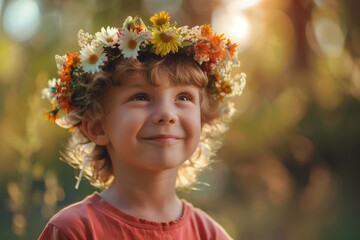 Wall Mural -  smiling child with a wreath of flowers on his head Generative AI