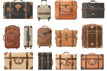 Wall Mural - Collection of different suitcases and travel bags on various backgrounds