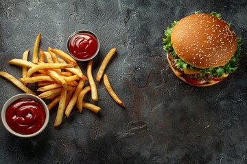 Wall Mural - Top view of a burger with fries sauce Generative AI