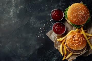 Wall Mural - Top view of a burger with fries sauce Generative AI