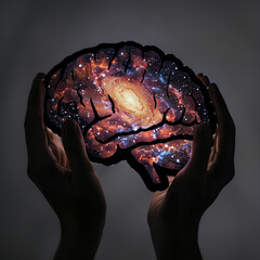 human brain in hands, brain in the form of a galaxy