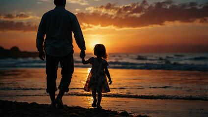 Wall Mural - Silhouette of a little girl holding her father's hand on the beach at sunset