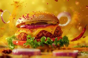 Wall Mural - delicious burger flying Generative AI