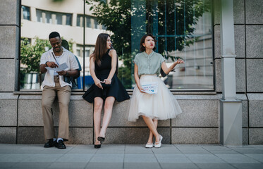 Wall Mural - Three young multinational businesspeople sitting outdoors, interacting in a casual setting, and enjoying a lively conversation with laughter and discussion.