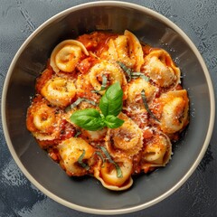 Wall Mural - Delicious Cheese Tortellini with Tomato Sauce and Parmesan. Perfect for Italian Cuisine Lovers. Close-up of a Beautifully Plated Pasta Dish in a Bowl. Food Photography, Ideal for Recipe Blogs. AI