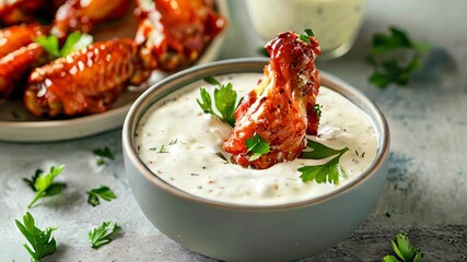 Wall Mural - Chicken wings covered in sauce with creamy dip and sprinkled herbs