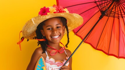 Happy African-American girl with beach accessories and umbrella on yellow background