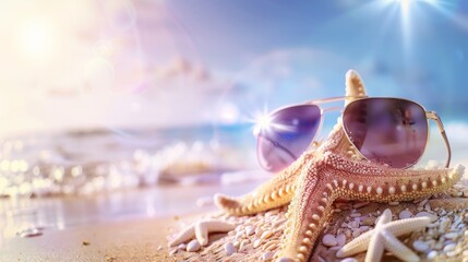 Sticker - Sunglasses and starfish. Selective focus background with copy space