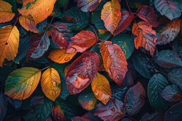 Poster - A close-up shot of a bunch of leaves with water droplets glistening on the surface