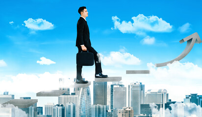 Business man climb up stair steps to career success with business district and horizon skyline as background. Concept of business goal success, growth of career path and starting up new business. uds