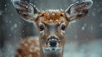 Young deer is standing in the snow as snowflakes are falling around it on a cold winter day