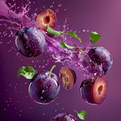 Sticker - Vibrant purple plums splashing in mid-air. Fresh and juicy fruits with leaves against a purple background. Dynamic and energetic food photography. Perfect for advertising and digital use. AI