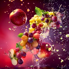 Sticker - Assorted fresh fruits splashing in vibrant setting. This image shows various fruits such as grapes and apples, captured mid-splash. Ideal for healthy living and food-related themes. AI