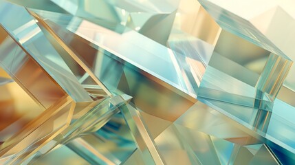 34. **Render a 3D image of overlapping geometric transparent glass shapes with high-gloss finishes, in front of an abstract, clean background