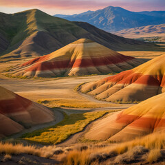 Wall Mural - A captivating watercolor illustration of the Painted Hills in Oregon's John Day Fossil Beds National Monument. 