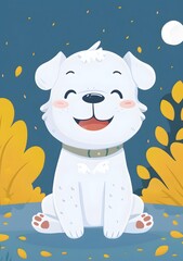 Sticker - Cute Cartoon White Dog Sitting In The Night