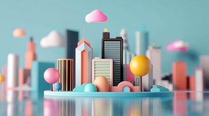 Wall Mural - Colorful Cityscape Island Oasis: A vibrant 3D city rises from a reflective surface, bathed in a serene blue ambiance, perfect for projects on urban development, playful design, and futuristic living. 