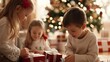 © CHOI POO - Christmas Morning Magic: Three young siblings, eyes bright with anticipation, unwrap presents by the twinkling Christmas tree, capturing the heartwarming joy of the holiday season.