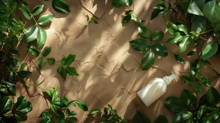 Wall Mural - Natural product presentation with white cosmetics green foliage on brown backdrop