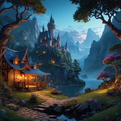 Wall Mural - Fantasy Cottage by the Lake with a Majestic Castle in the Background.