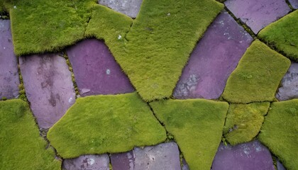 Canvas Print - Green Moss Growing on Purple Stone Path. with copy space for text