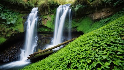 Sticker - Lush Green Waterfall in a Tropical Rainforest.