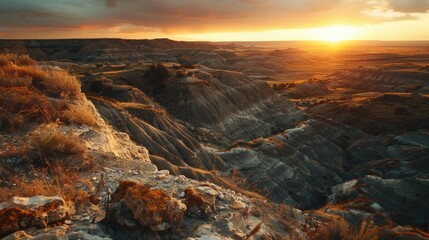 Canvas Print - A serene scene of a sunset over a rocky landscape with distant mountains