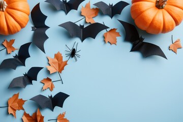 Wall Mural - A group of bats flying near pumpkins on a blue surface, perfect for Halloween or fall-themed images