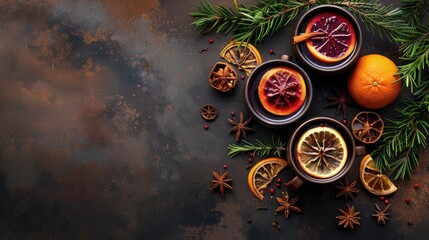 Sticker - Rustic citrus rosemary mulled wine for holiday meal with copy space and top view