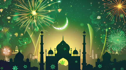 Pakistan Independence Day celebration background with Minar e Pakistan and fireworks