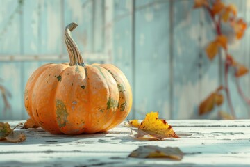 Wall Mural - A small pumpkin sitting on a wooden table