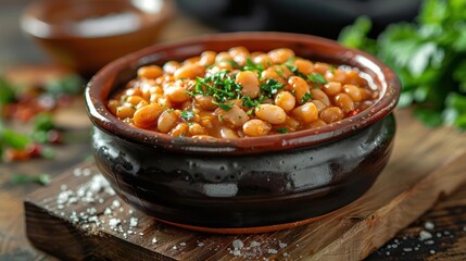 Canvas Print - a bowl of beans and parsley on a wooden board