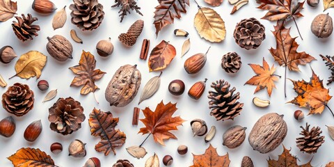 Canvas Print - A selection of various nuts and leaves arranged on a white surface