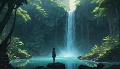 Sticker - Woman standing in front of waterfall in jungle. with copy space for text