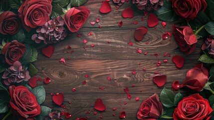 Poster - Creative Valentine s Day composition with red roses and hydrangea on a wooden background Top view with celebratory elements for special occasions