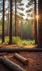 Poster - Sunbeams through Tall Pine Trees in Forest. with copy space for text