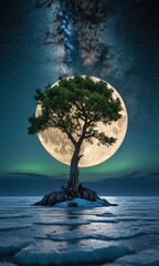 Poster - Lone Tree Under Full Moon and Milky Way. with copy space for text