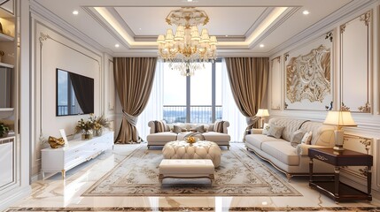 Wall Mural - Luxury Living Room Interior Design With White Sofa And Chandelier