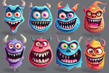 Poster - A collection of cartoon monsters with different facial expressions, suitable for illustration or design projects