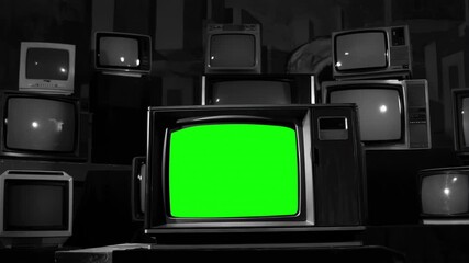 Wall Mural - vintage tv with green screen surrounded by multiple tvs – 80s aesthetic, black and white tone, dolly